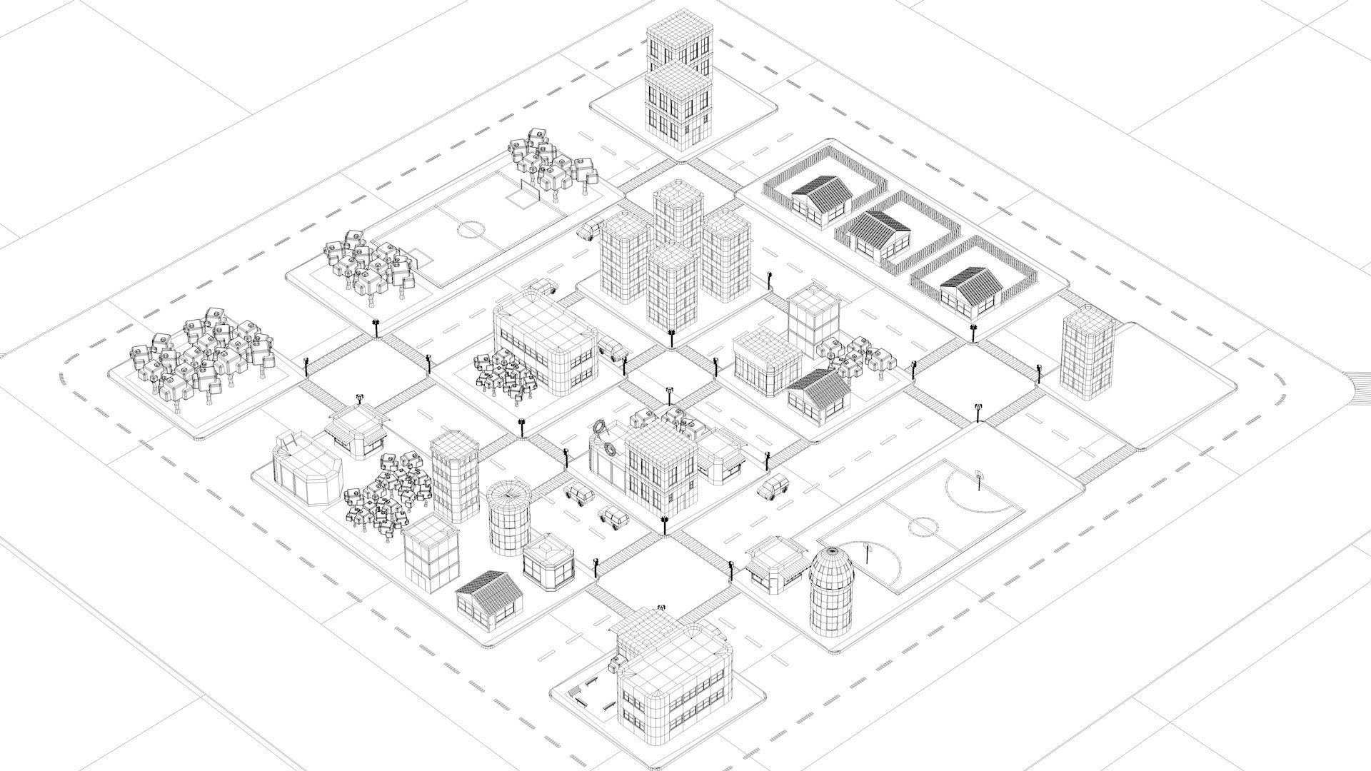 Low Poly City with buildings and trees Low-poly 3D model_14