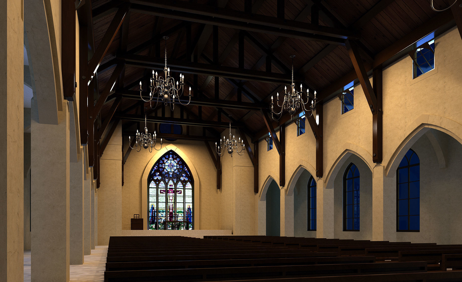 Church inside of with pews 3D model_6