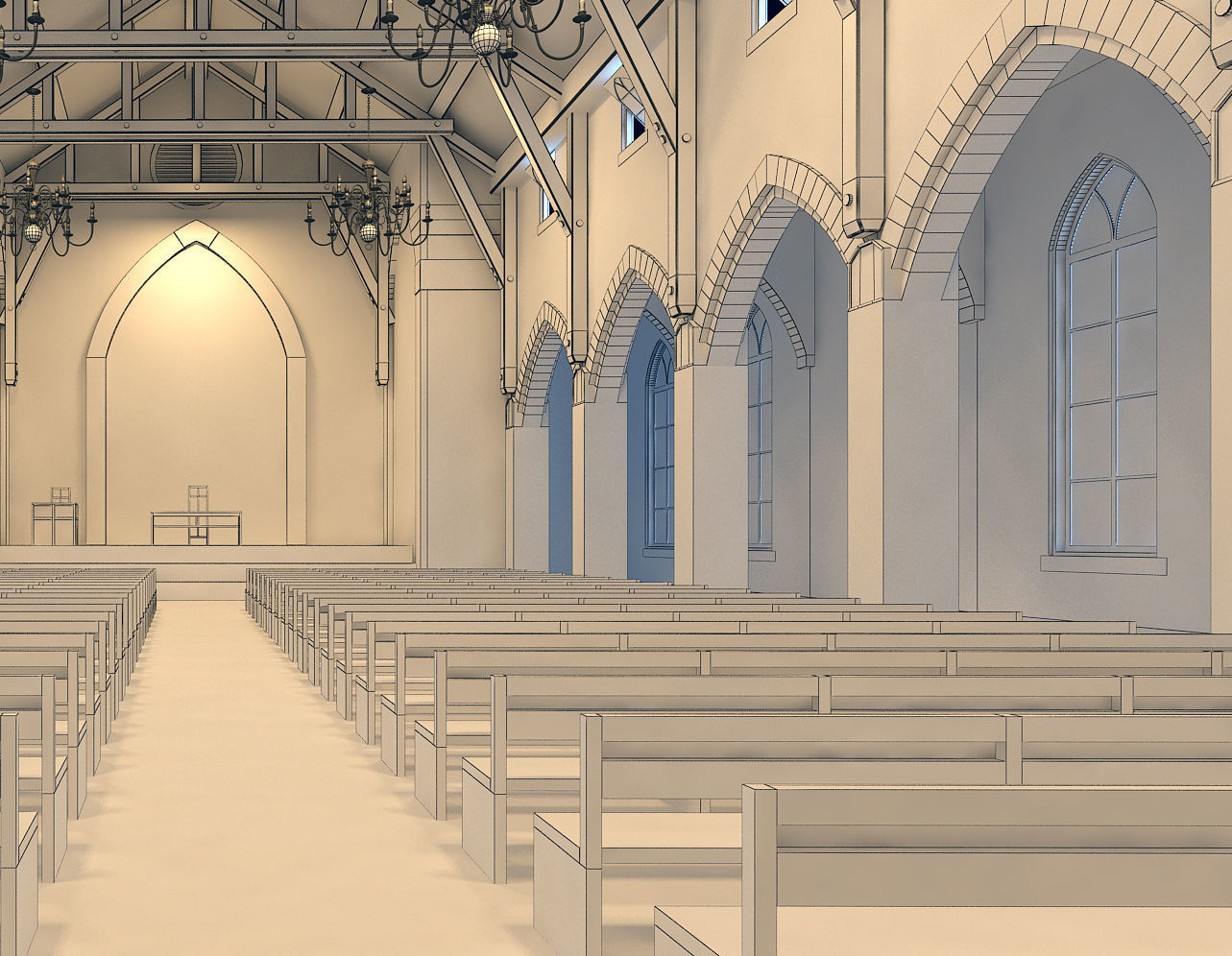 Church inside of with pews 3D model_17
