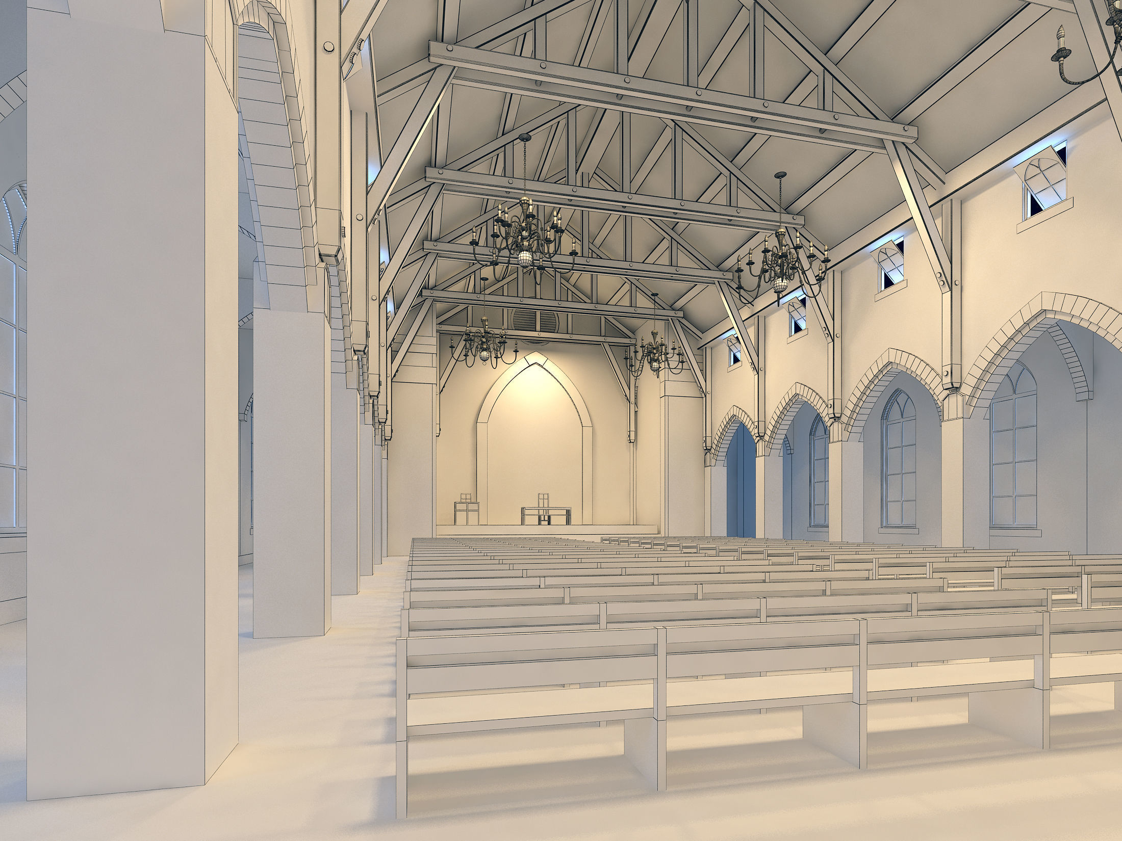 Church inside of with pews 3D model_10