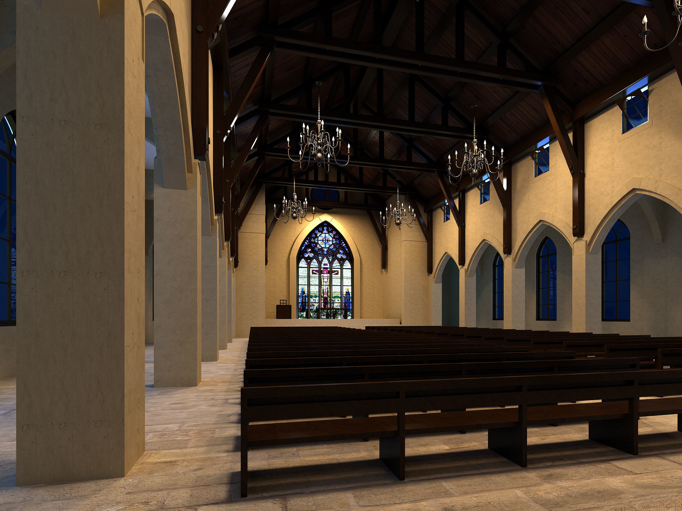 Church inside of with pews 3D model_2