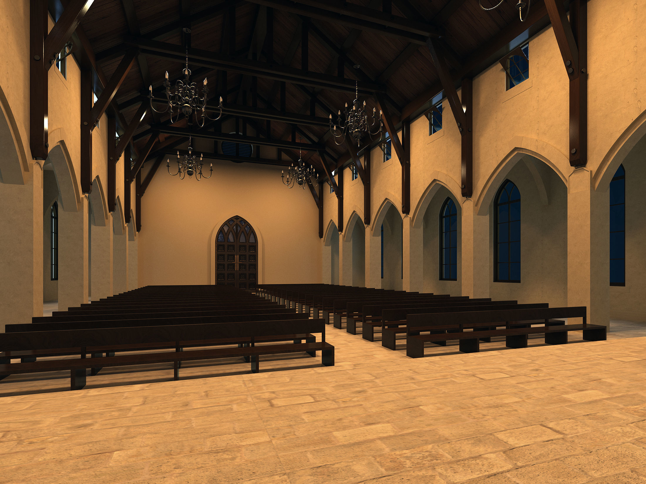 Church inside of with pews 3D model_3
