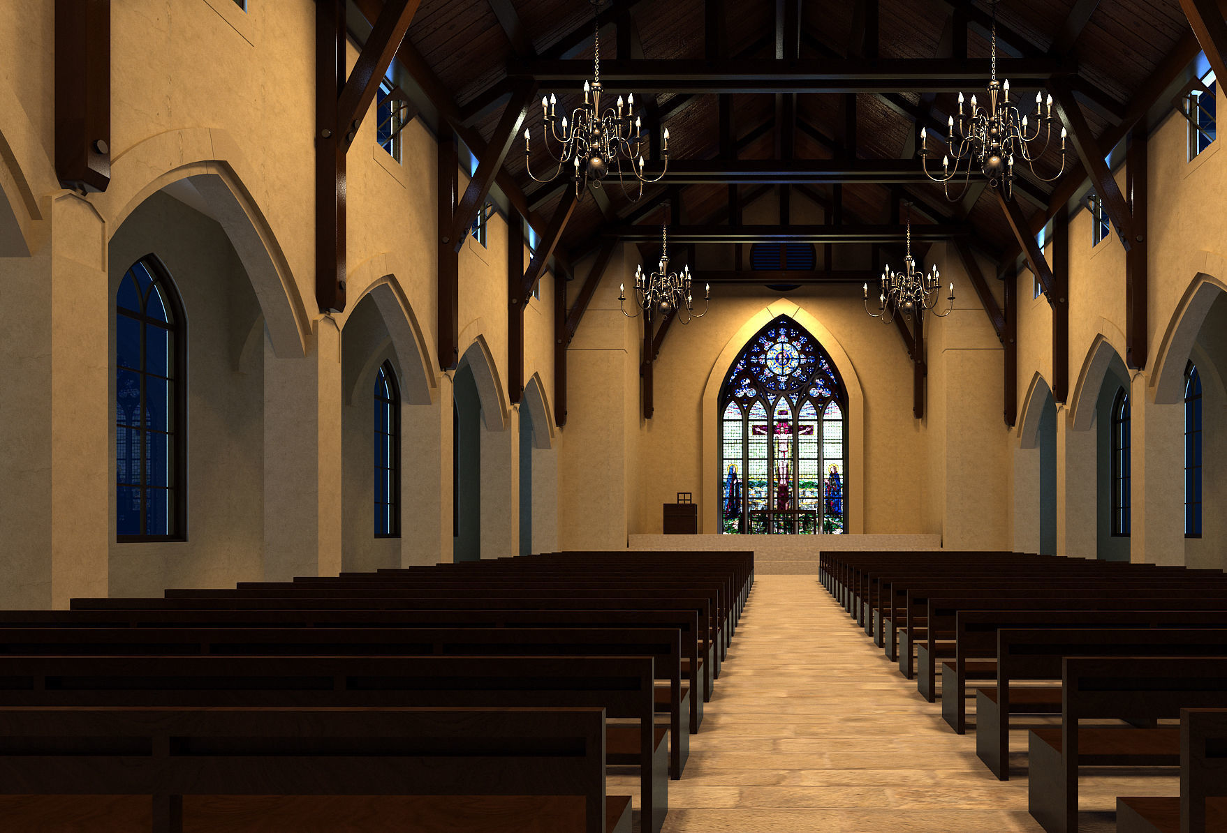 Church inside of with pews 3D model_7