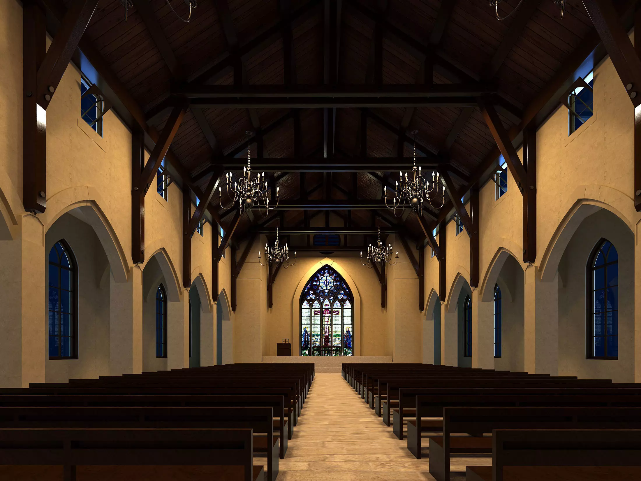 Church inside of with pews 3D model_0