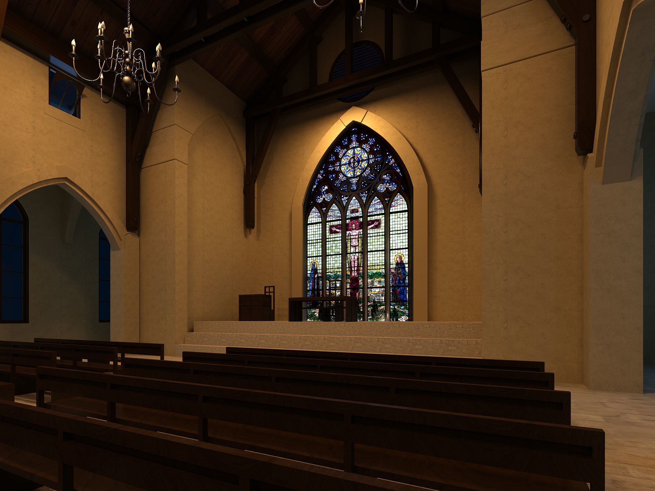 Church inside of with pews 3D model_4