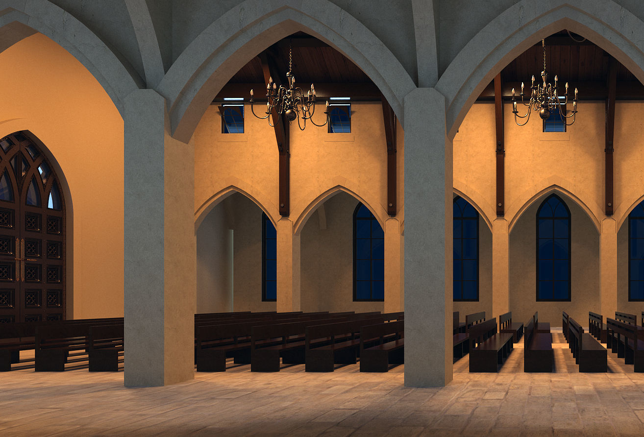 Church inside of with pews 3D model_8