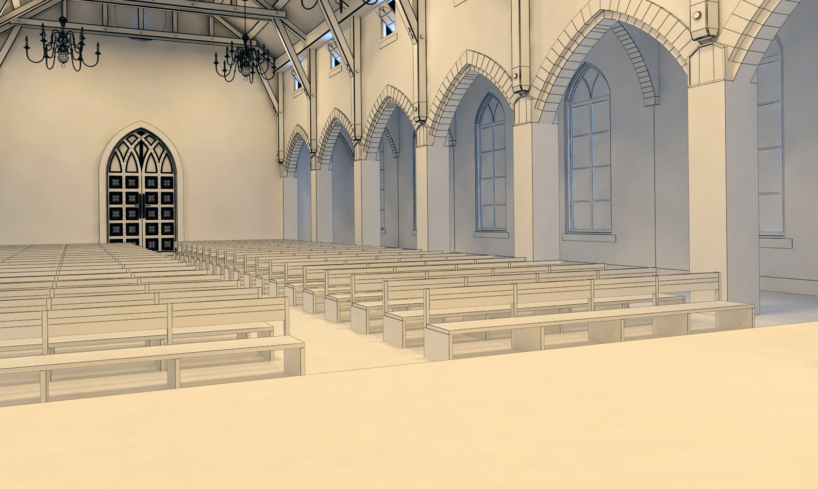 Church inside of with pews 3D model_15