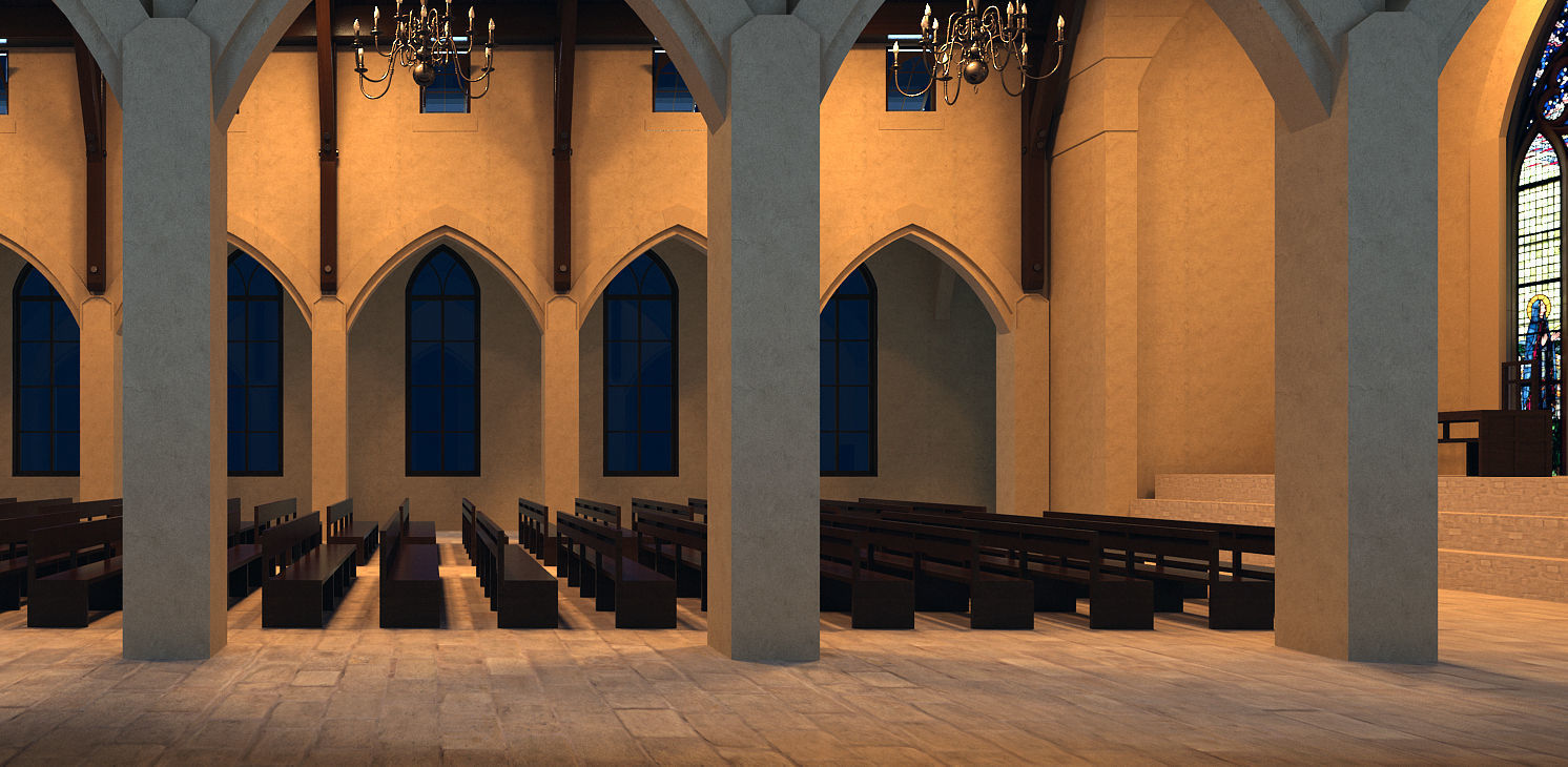 Church inside of with pews 3D model_9