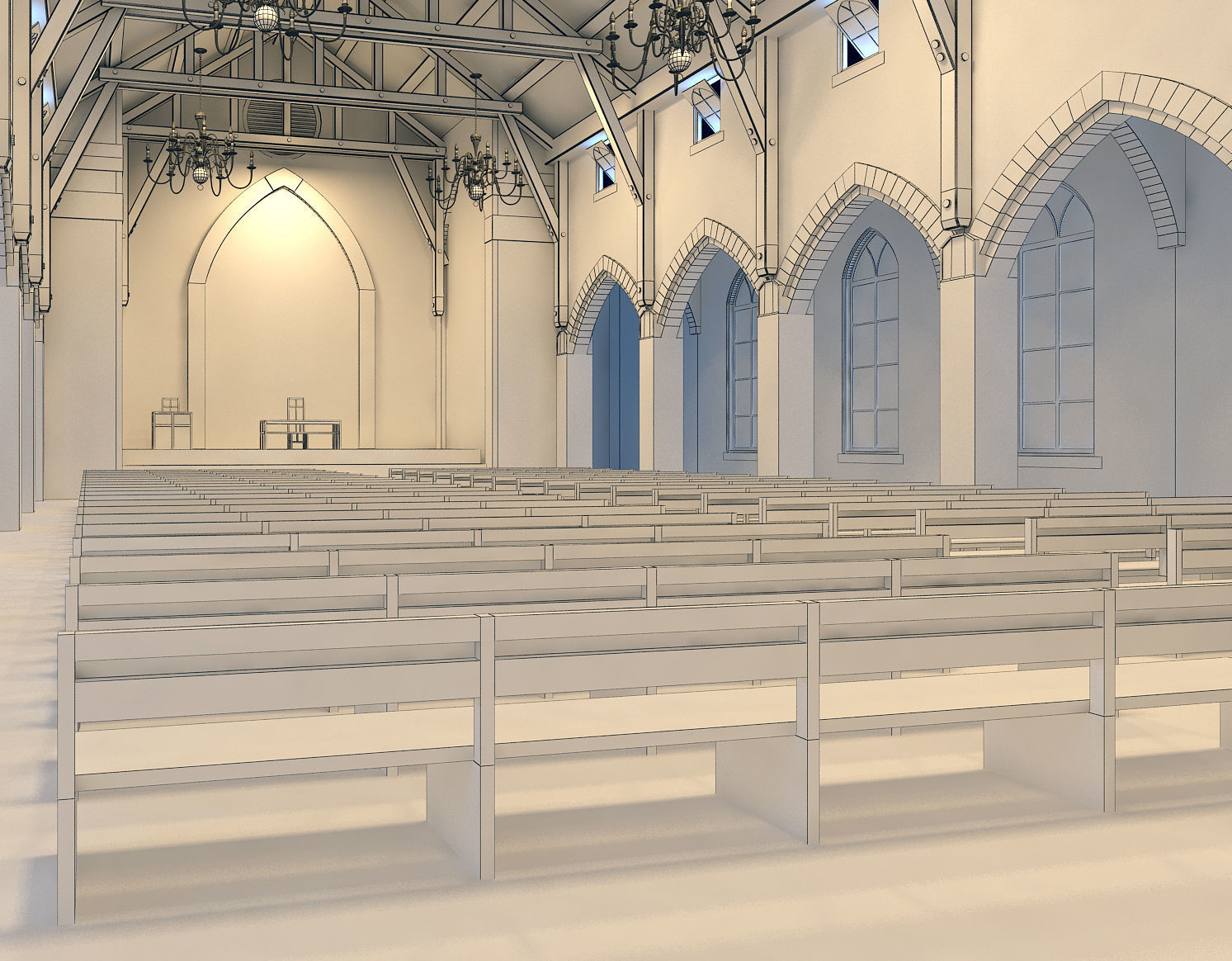 Church inside of with pews 3D model_16
