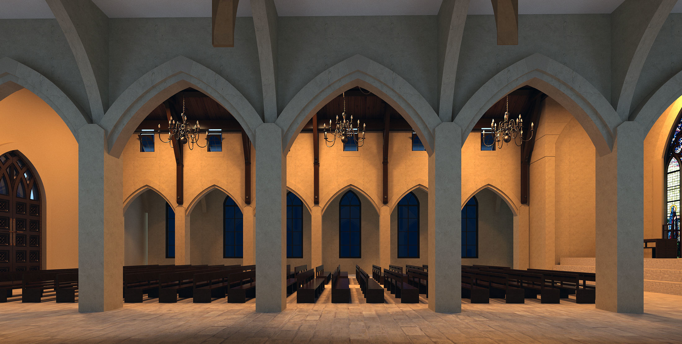 Church inside of with pews 3D model_1