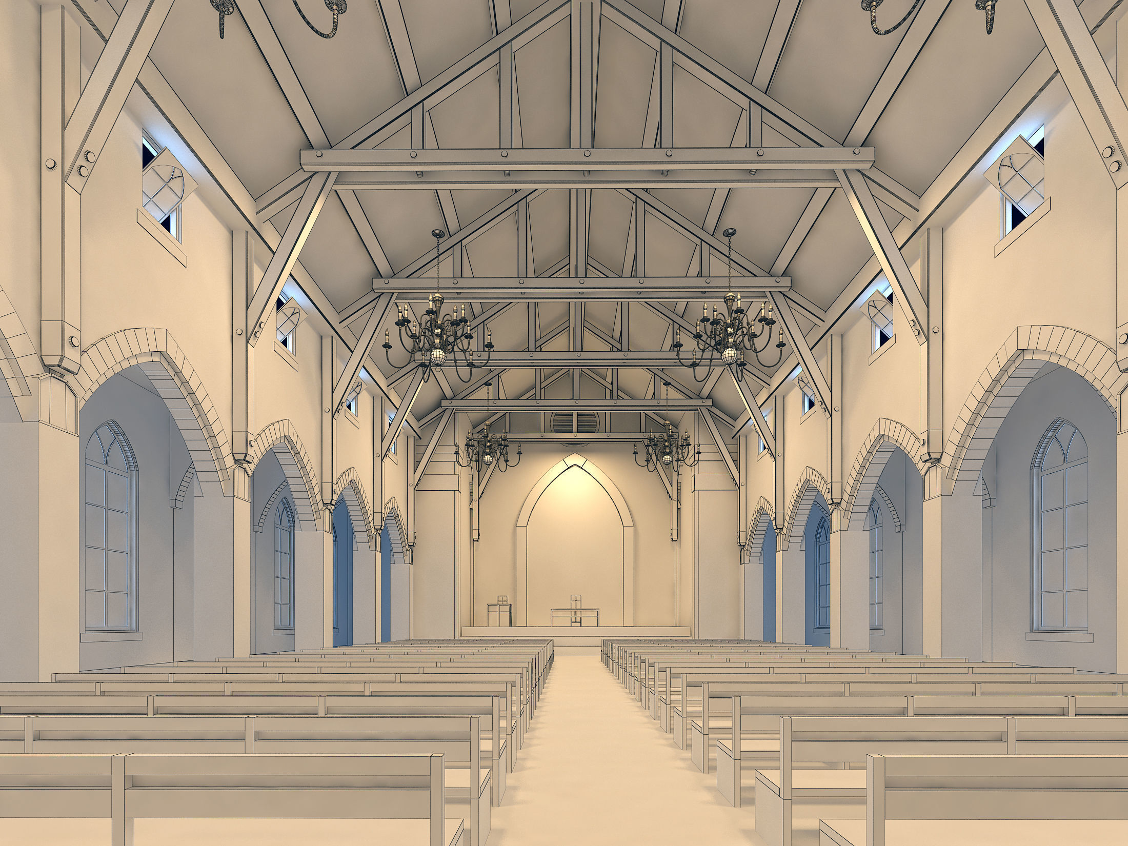 Church inside of with pews 3D model_11