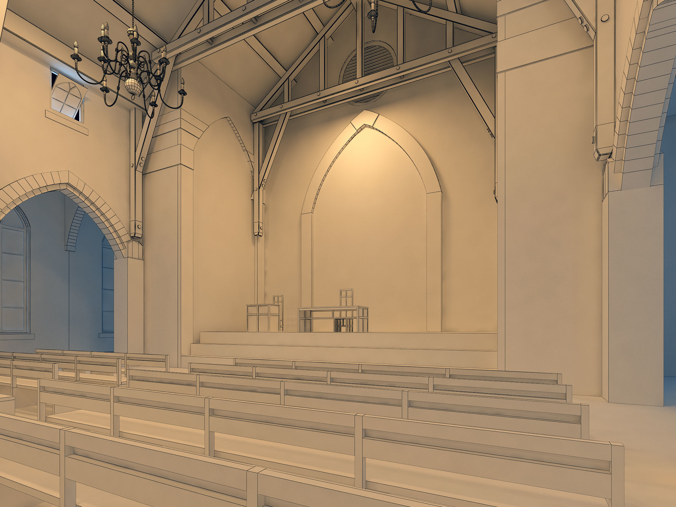Church inside of with pews 3D model_14