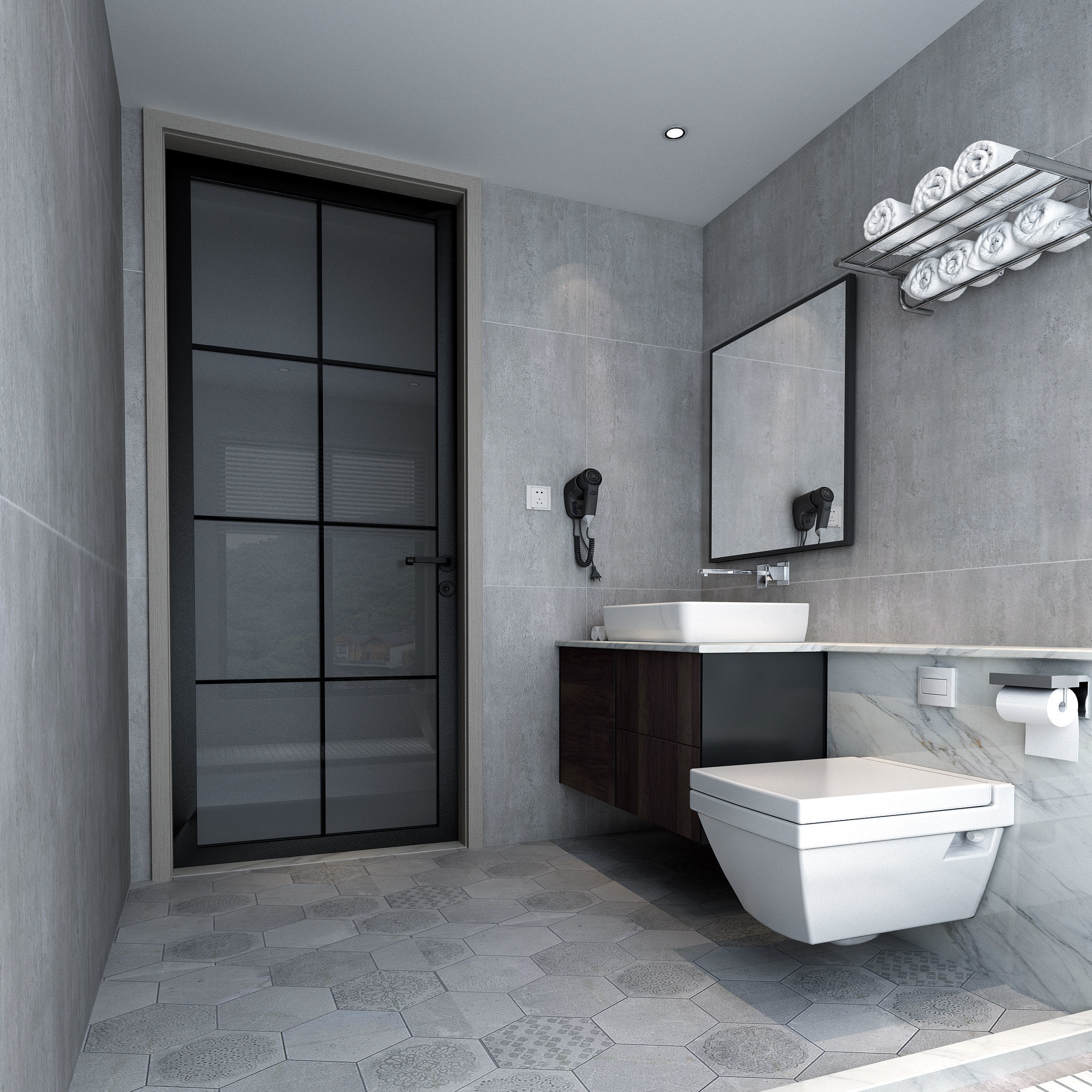 Bathroom modern with glass shower 3D model_2