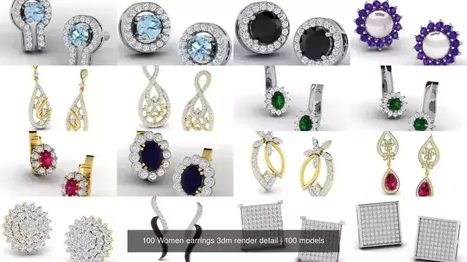 100 Women earrings 3dm render detail 3D Model Collection