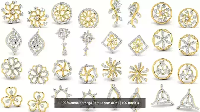 100 Women earrings 3dm render detail 3D Model Collection