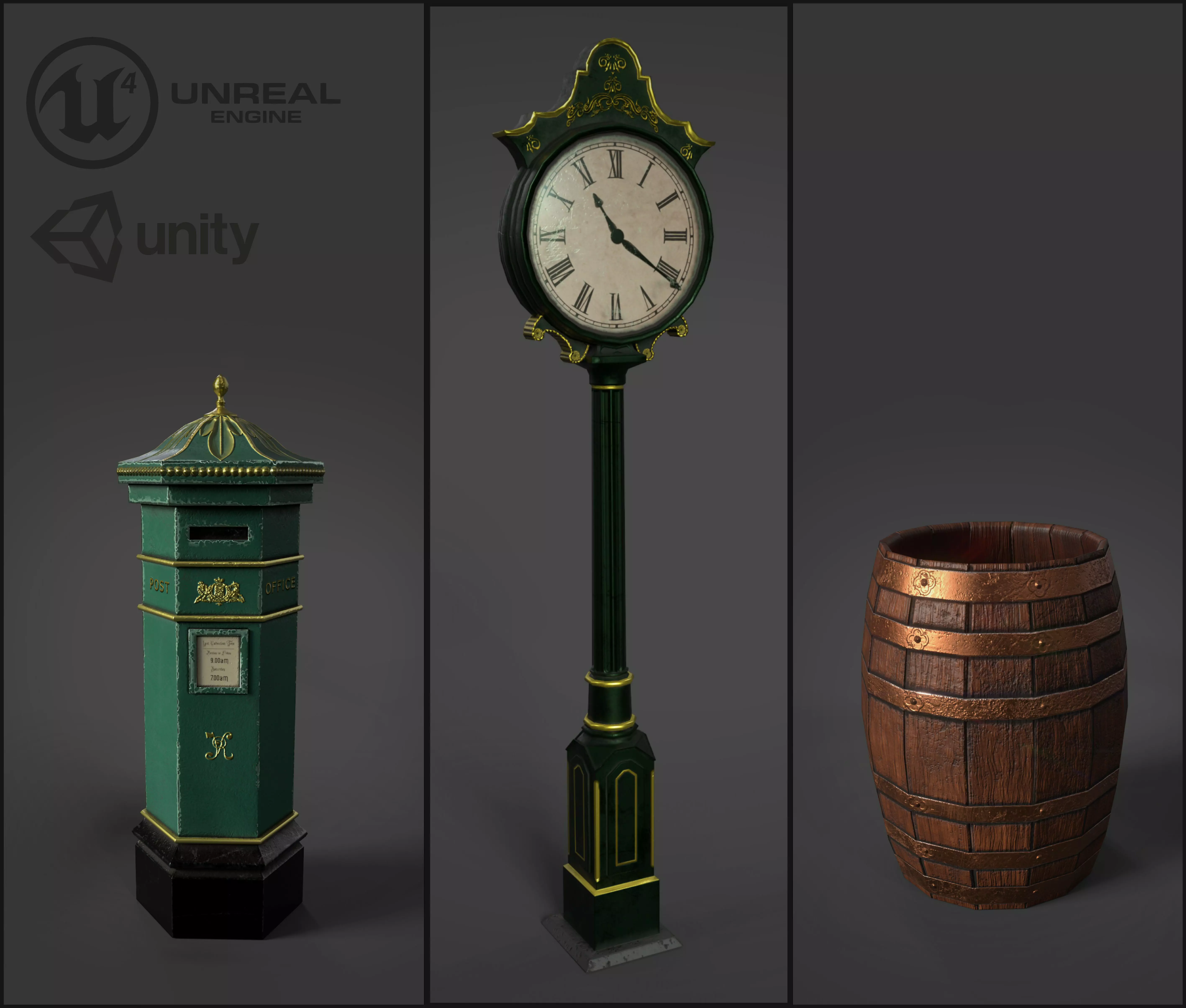Victorian Street Assets Clock Barrel Postbox Pack Low-poly 3D model