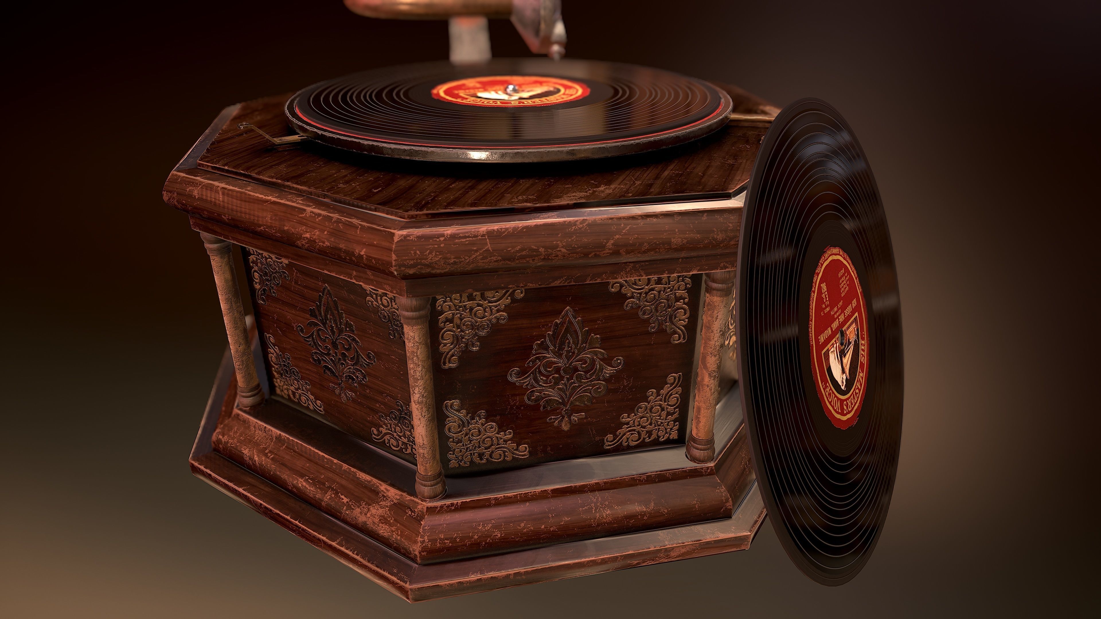 Gramophone Antique Model Low-poly 3D model_3