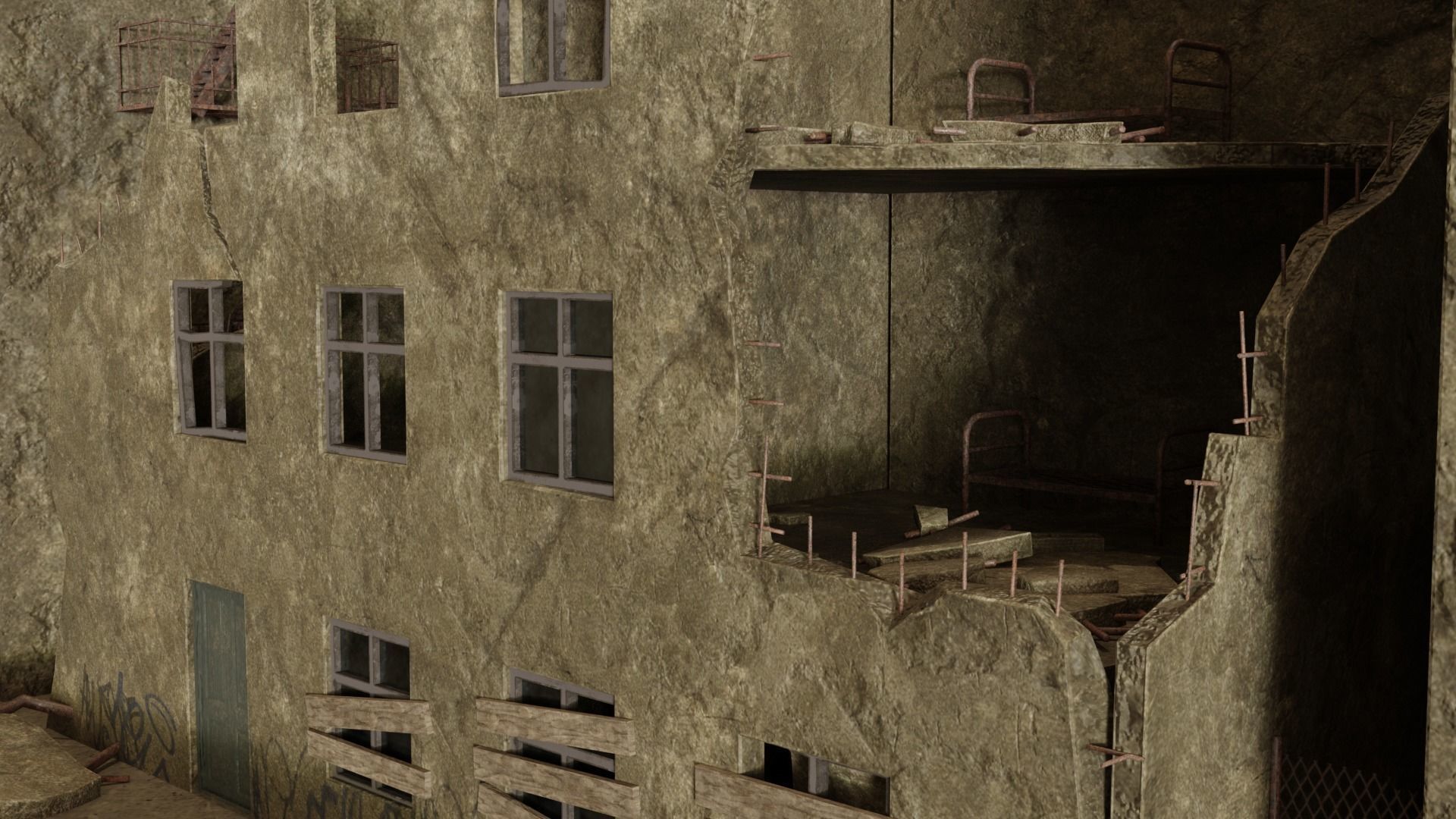 Post apocalyptic destroyed street Low-poly 3D model_4