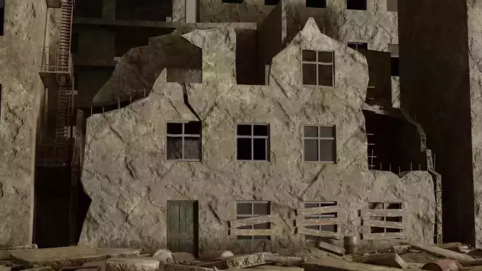 Post apocalyptic destroyed street Low-poly 3D model Post apocalyptic destroyed street Low-poly 3D model