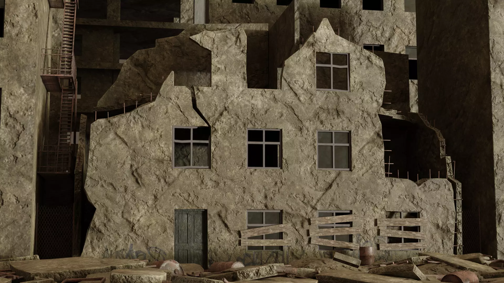 Post apocalyptic destroyed street Low-poly 3D model_0