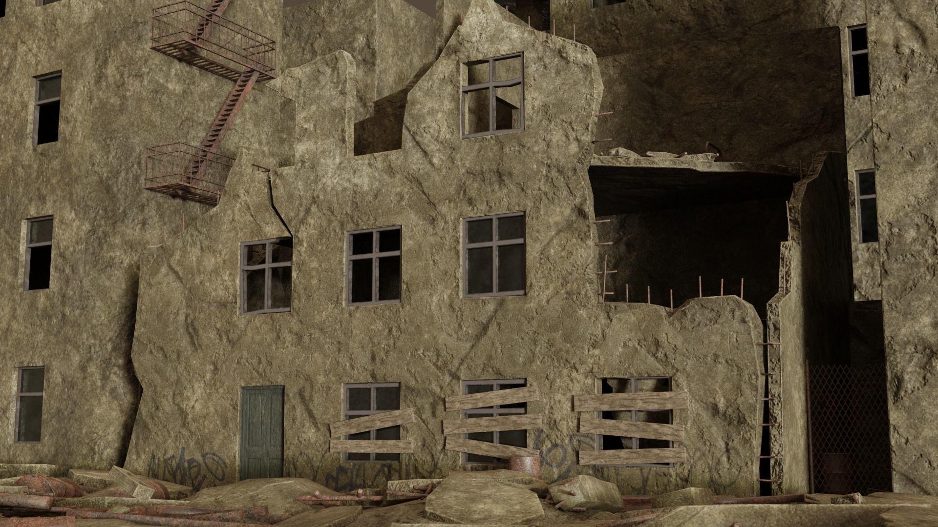 Post apocalyptic destroyed street Low-poly 3D model_3