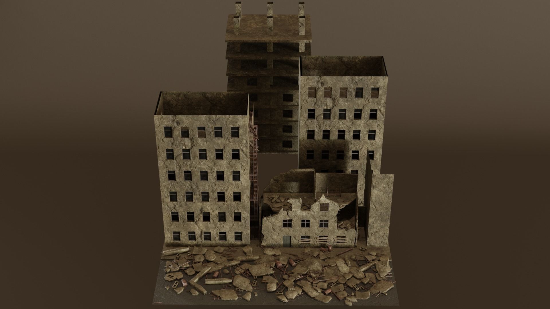 Post apocalyptic destroyed street Low-poly 3D model_5