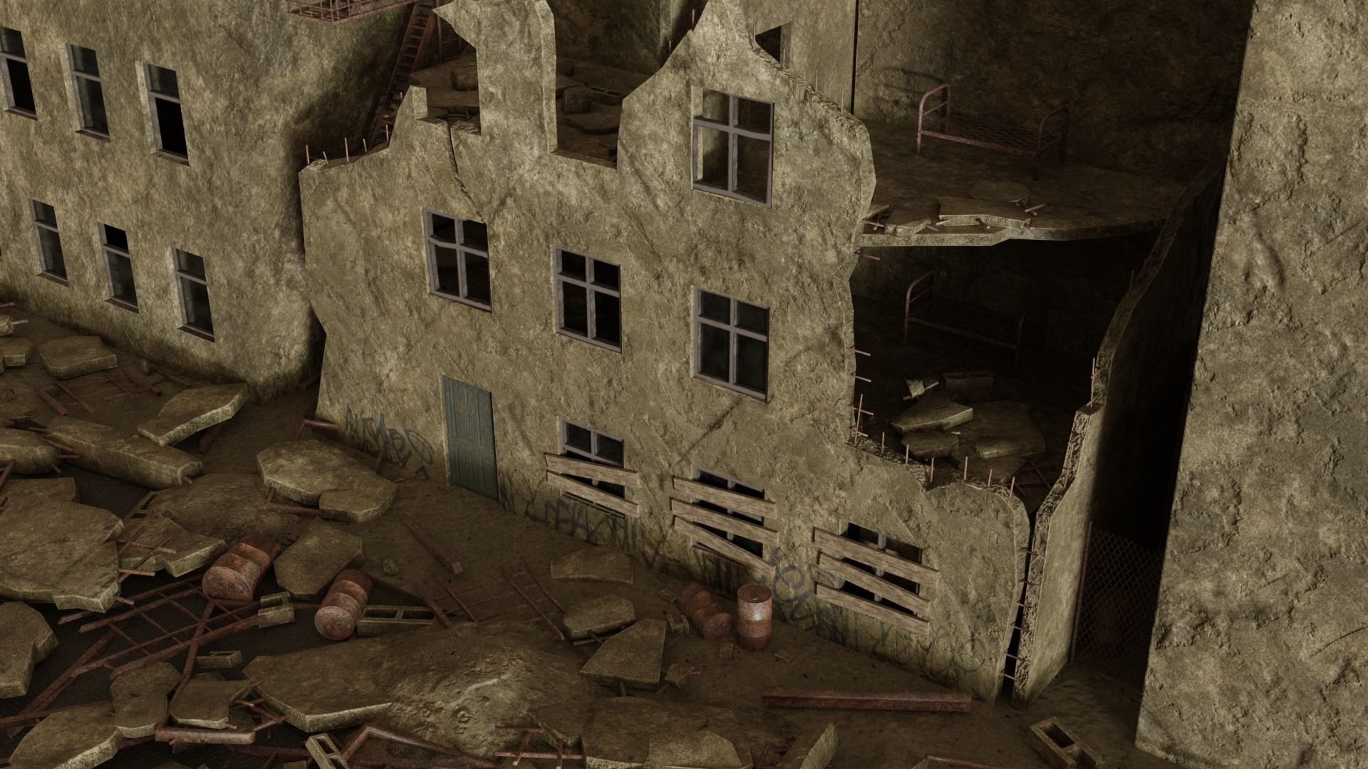 Post apocalyptic destroyed street Low-poly 3D model_2