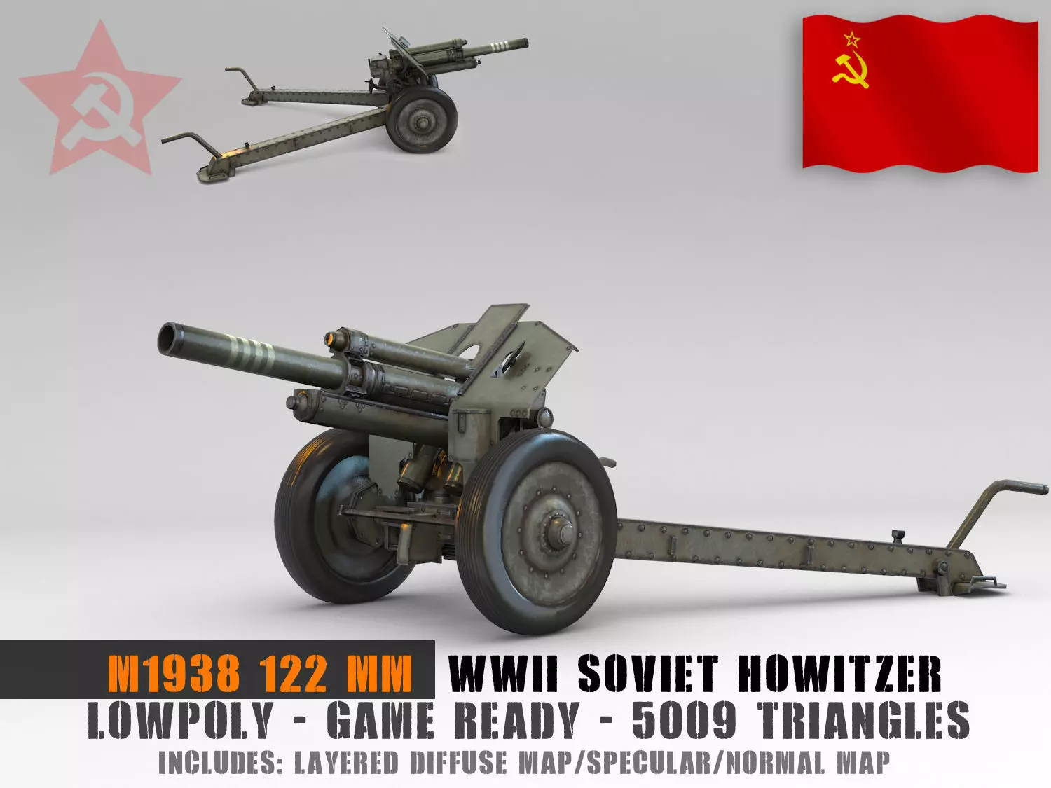Low Poly M1938 M30 122mm Soviet howitzer Low-poly 3D model_0