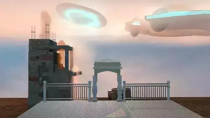 Alien Attack On Village Sci-Fi War Scene 3D model