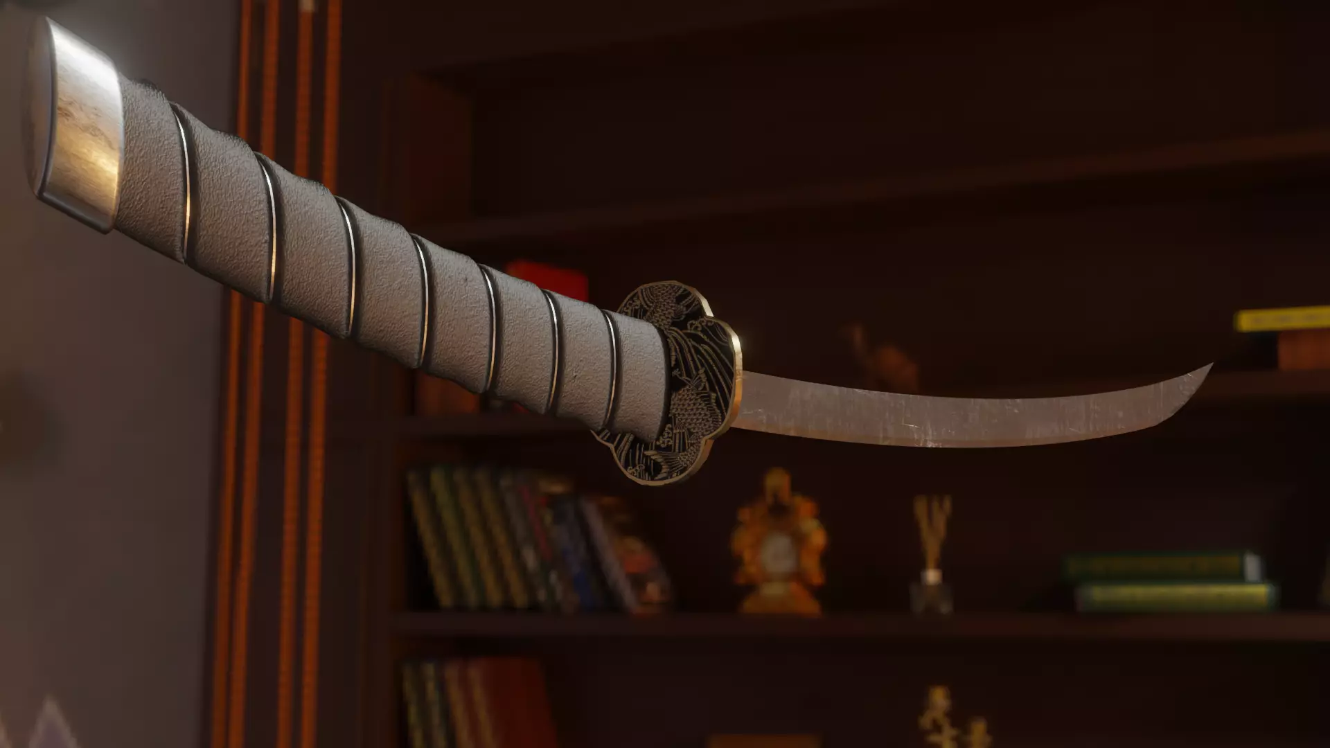 Katana sword flying in sky over city Free low-poly 3D model