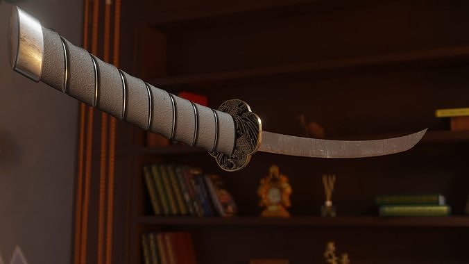 Katana sword flying in sky over city Free low-poly 3D model