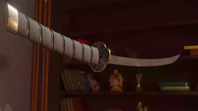 Katana sword flying in sky over city