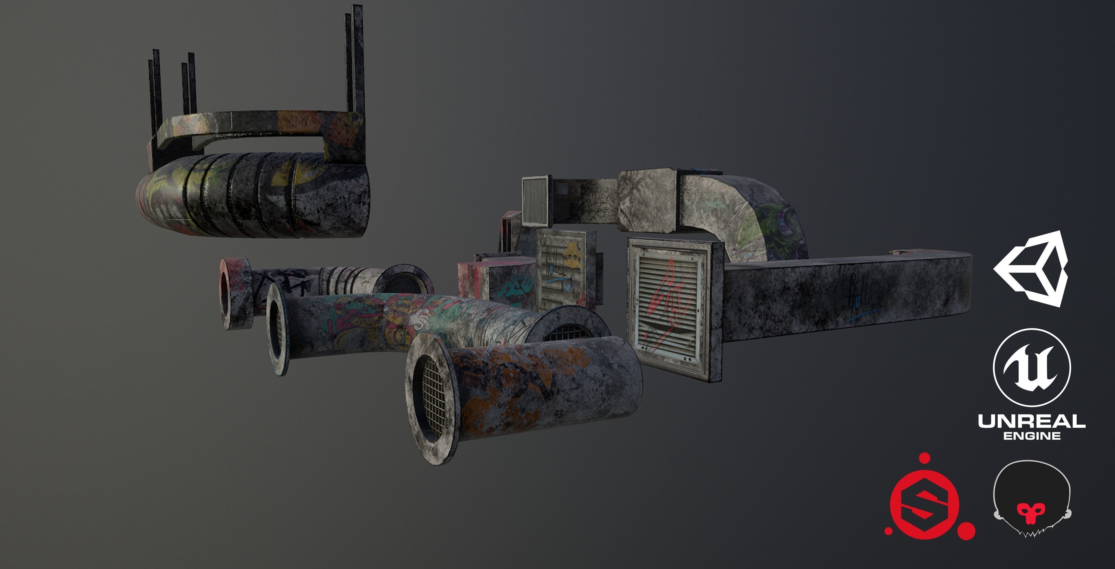 Cyberpunk Air Ducts Pack Low-poly 3D model_2