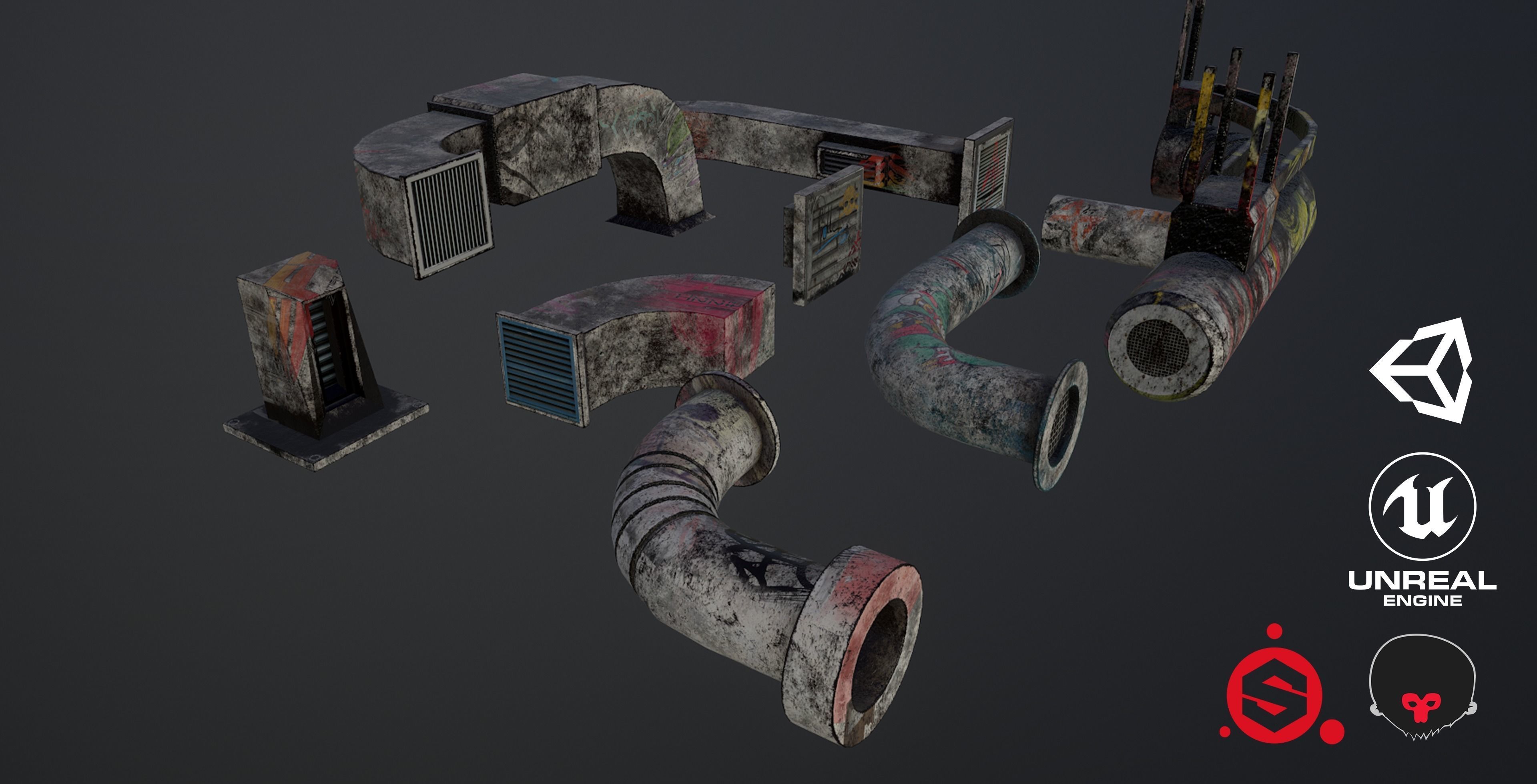 Cyberpunk Air Ducts Pack Low-poly 3D model_3