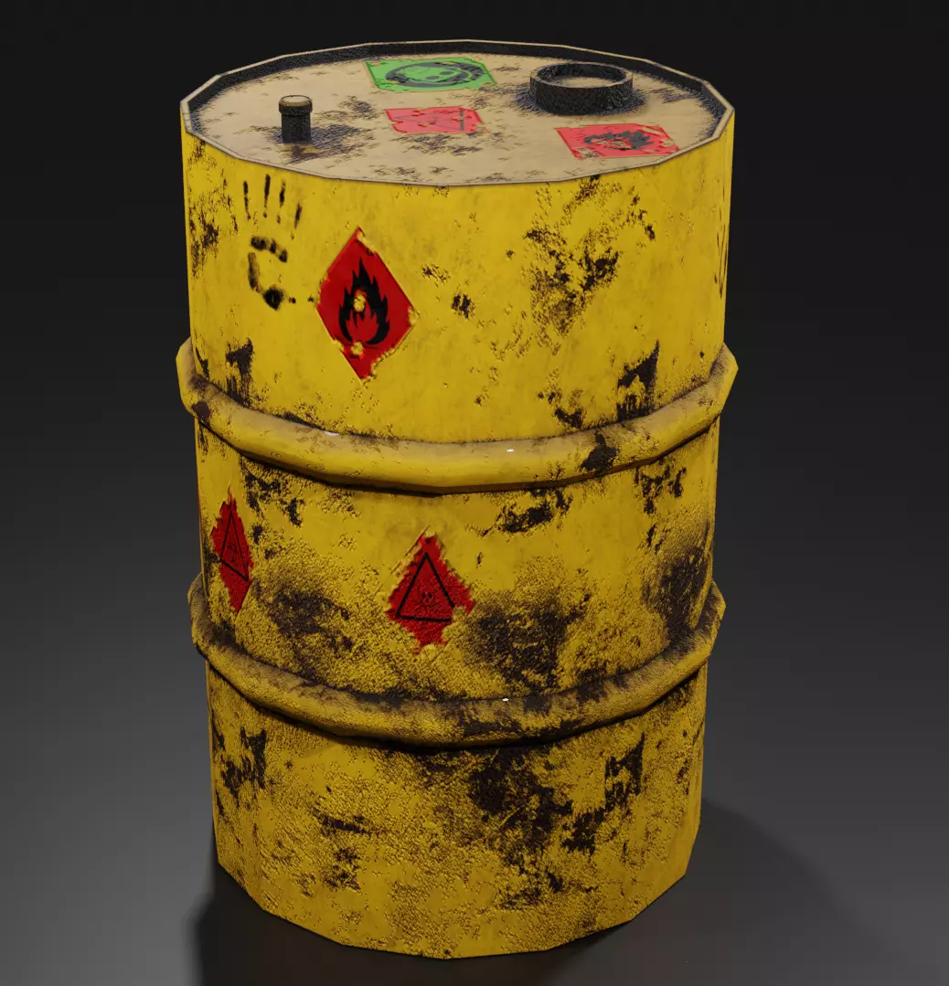 Metal barrel with elements of dirt rust and stickers Low-poly 3D model_0