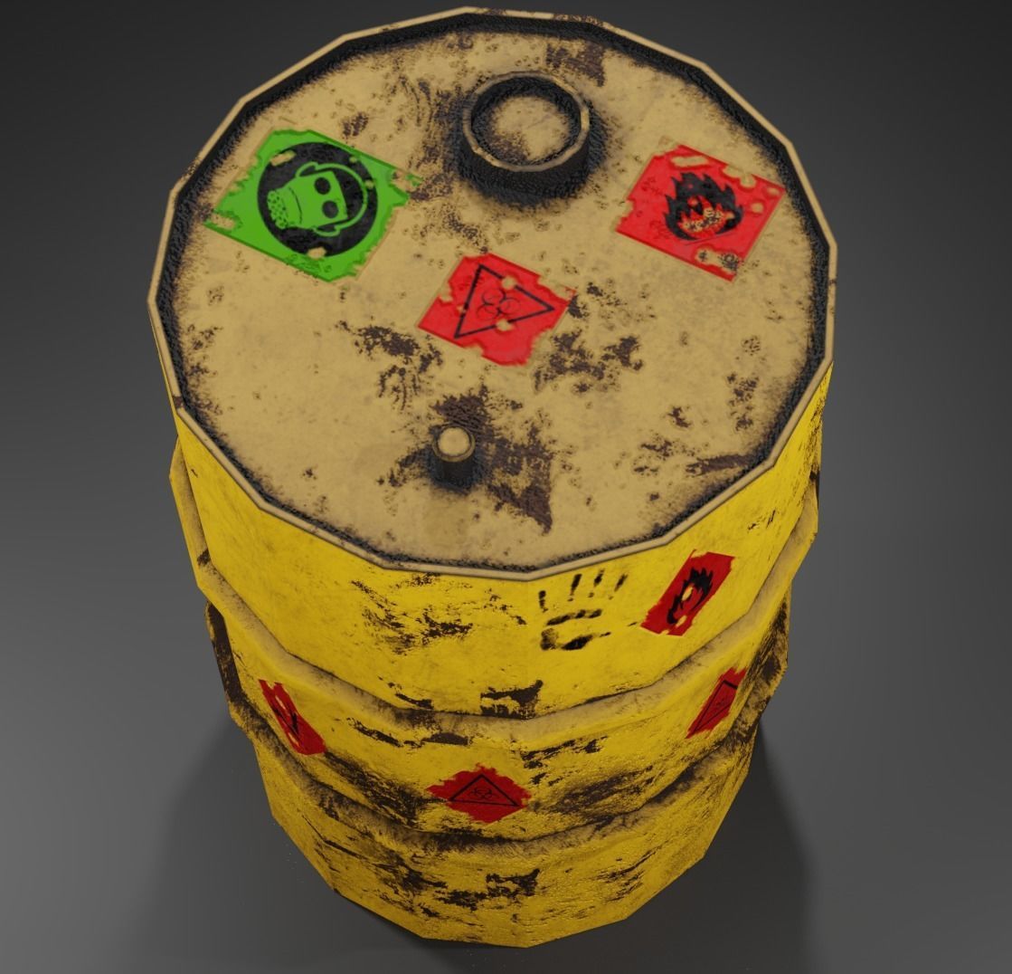 Metal barrel with elements of dirt rust and stickers Low-poly 3D model_1
