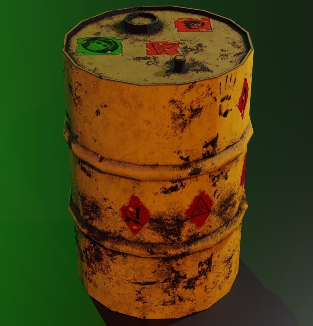 Metal barrel with elements of dirt rust and stickers Low-poly 3D model_6