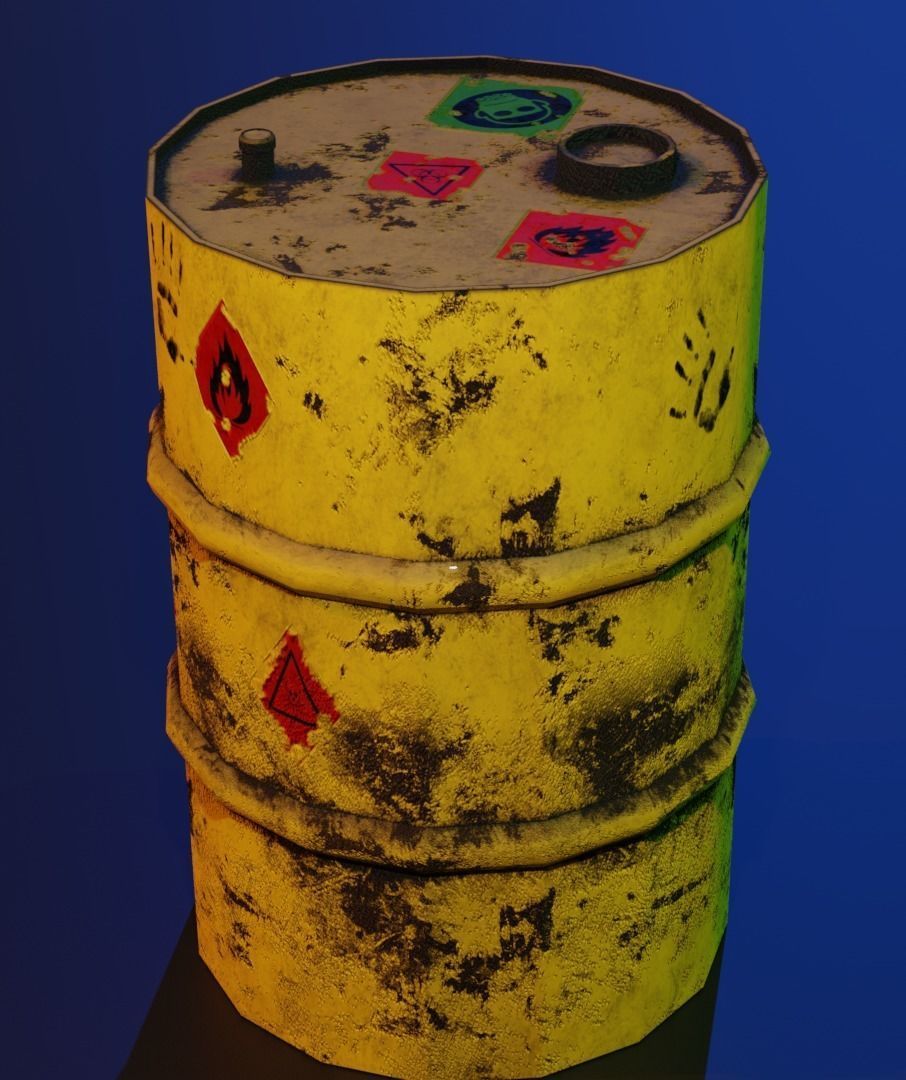 Metal barrel with elements of dirt rust and stickers Low-poly 3D model_7