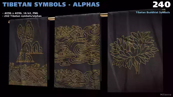240 Tibetan Symbols - Alphas PNG Texture