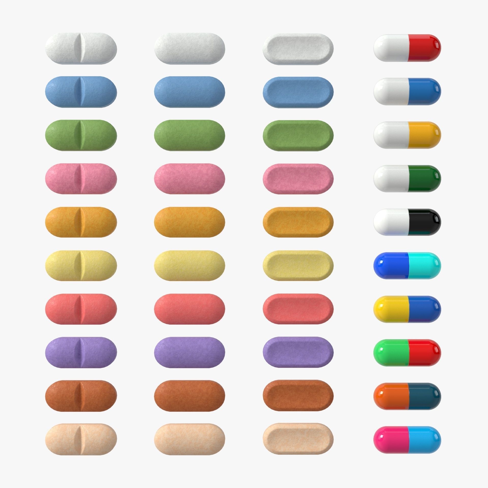 Set of long shaped pills with 4K PBR tex and color variations Low-poly 3D model_2