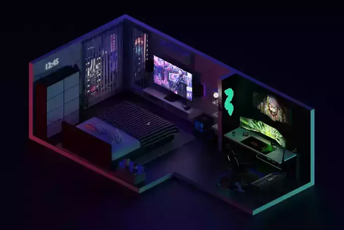 Low Poly Isometric - Gaming Bedroom Low-poly 3D model