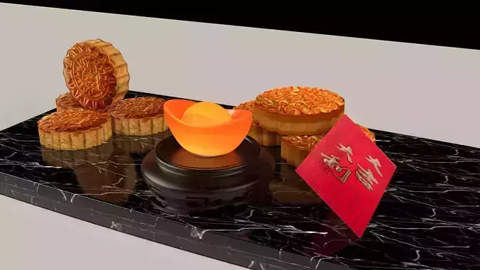 Chinese mooncake with yuan boa and red envelope