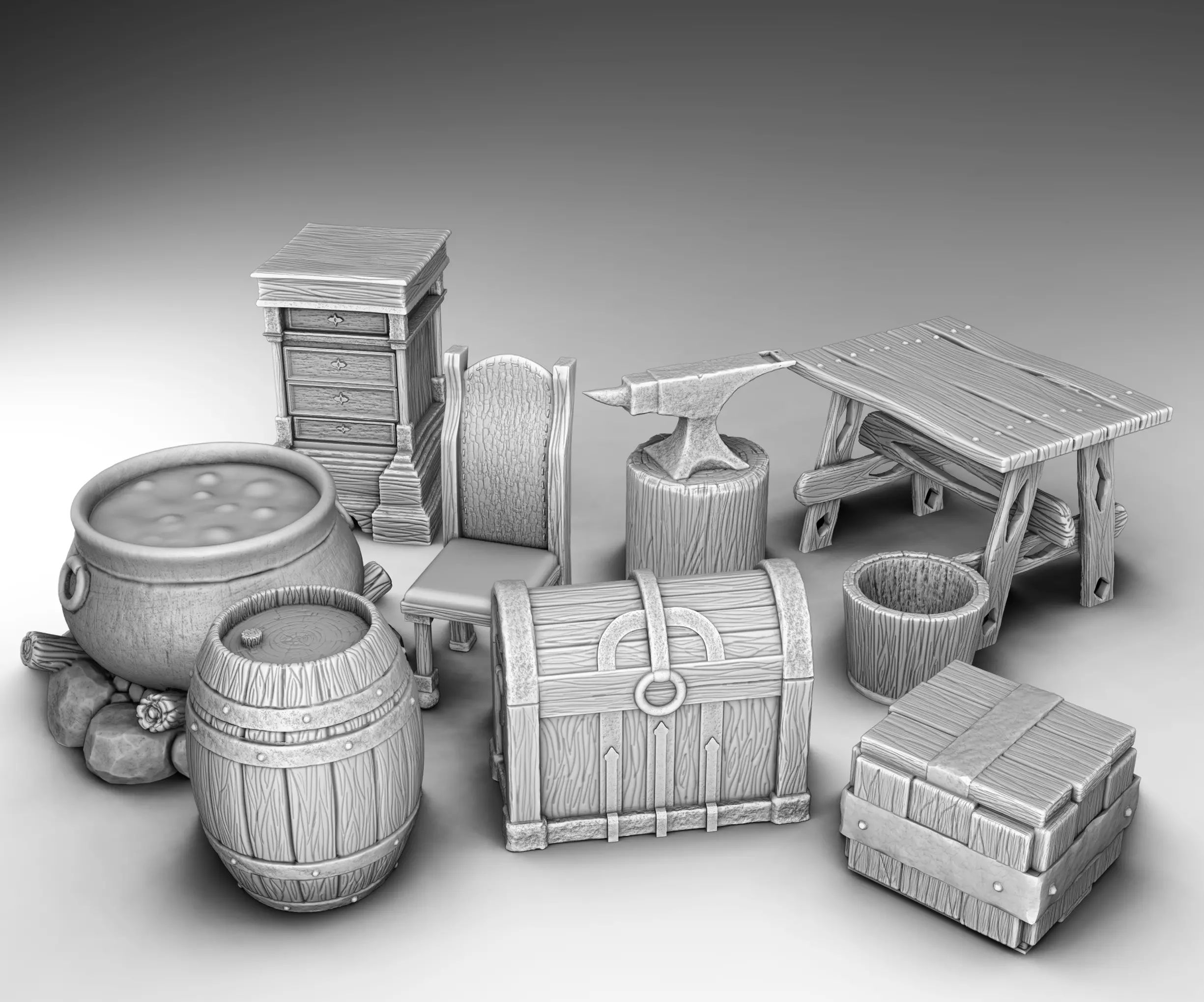 interior set of wooden barrels and chests 3D print model_0