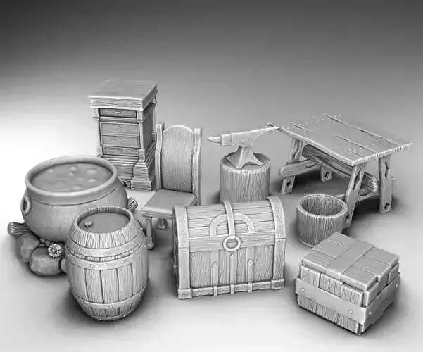 interior set of wooden barrels and chests 3D print model