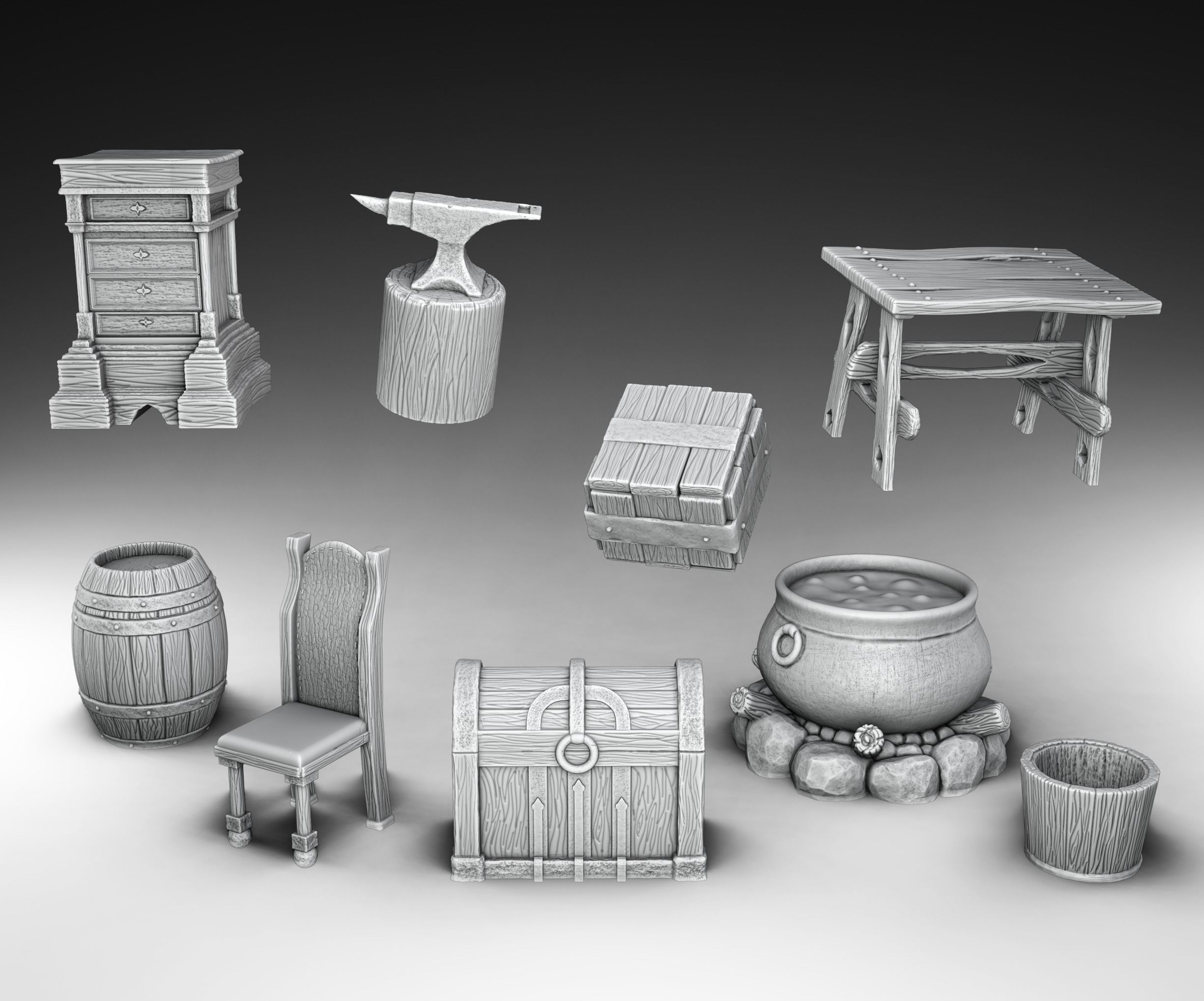 interior set of wooden barrels and chests 3D print model_1