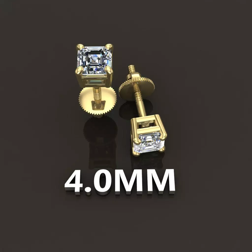 SQUARE EMERALD CUT 4 PRONG SOLITAIRE EARRING 4MM 3D print model_0