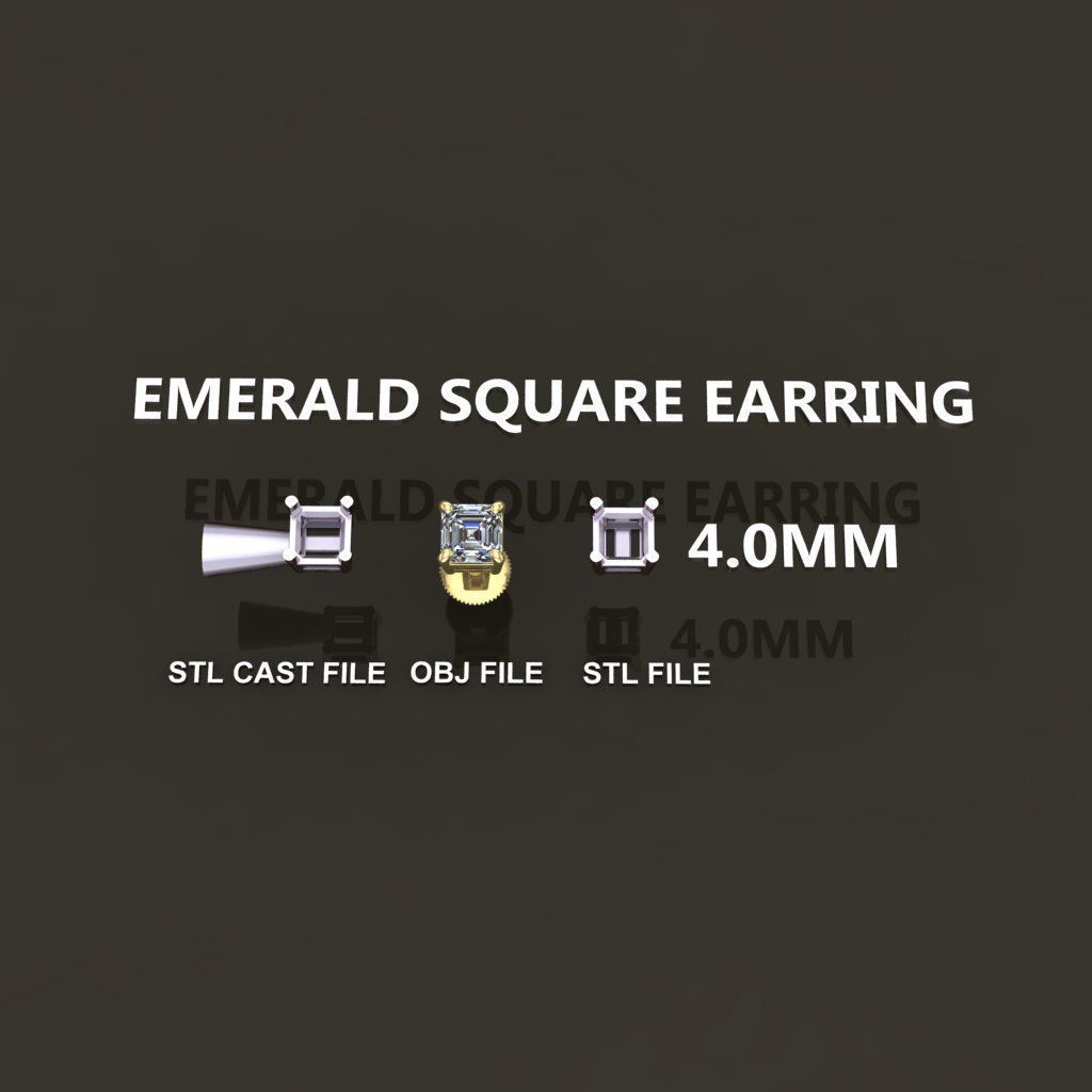 SQUARE EMERALD CUT 4 PRONG SOLITAIRE EARRING 4MM 3D print model_1