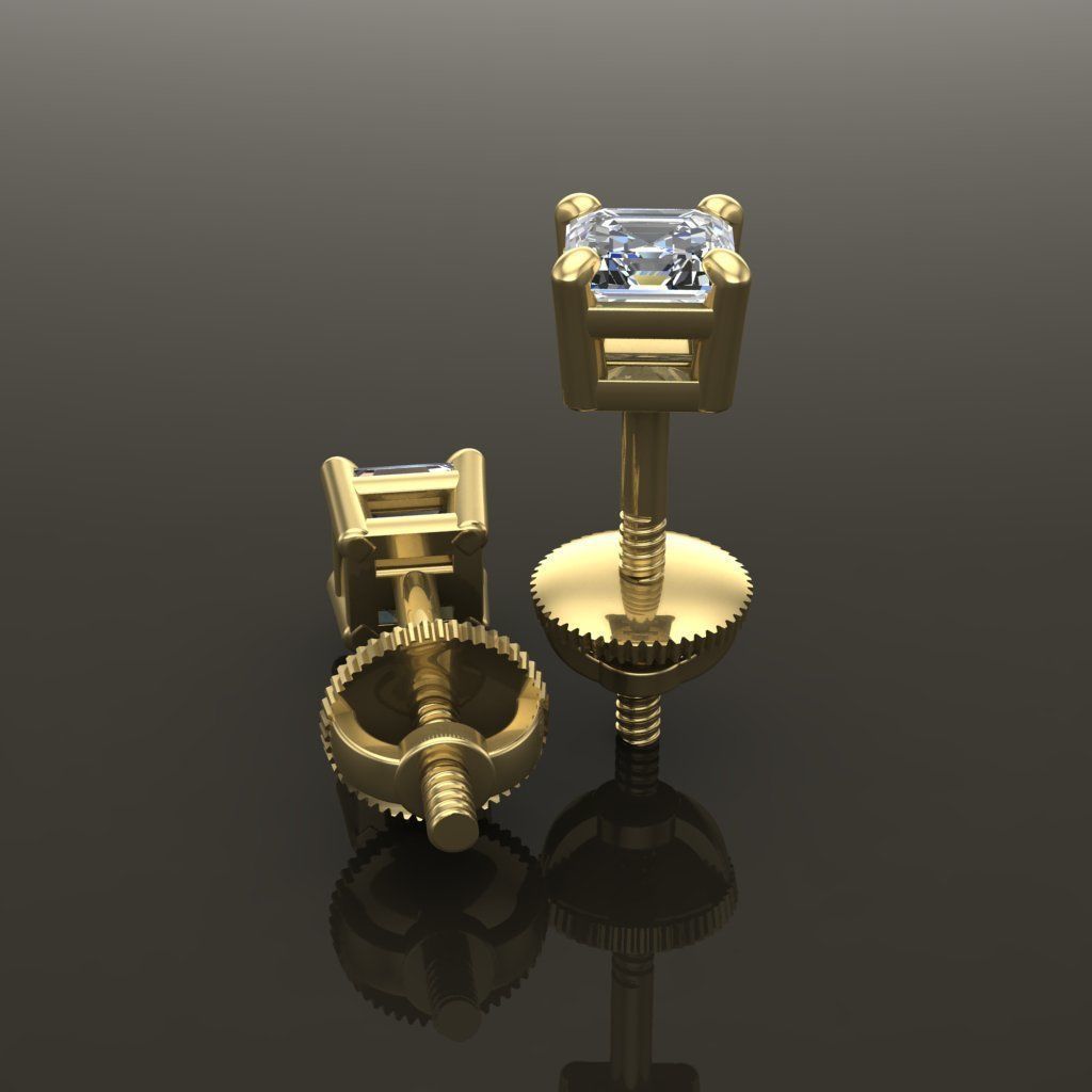 SQUARE EMERALD CUT 4 PRONG SOLITAIRE EARRING 4MM 3D print model_5