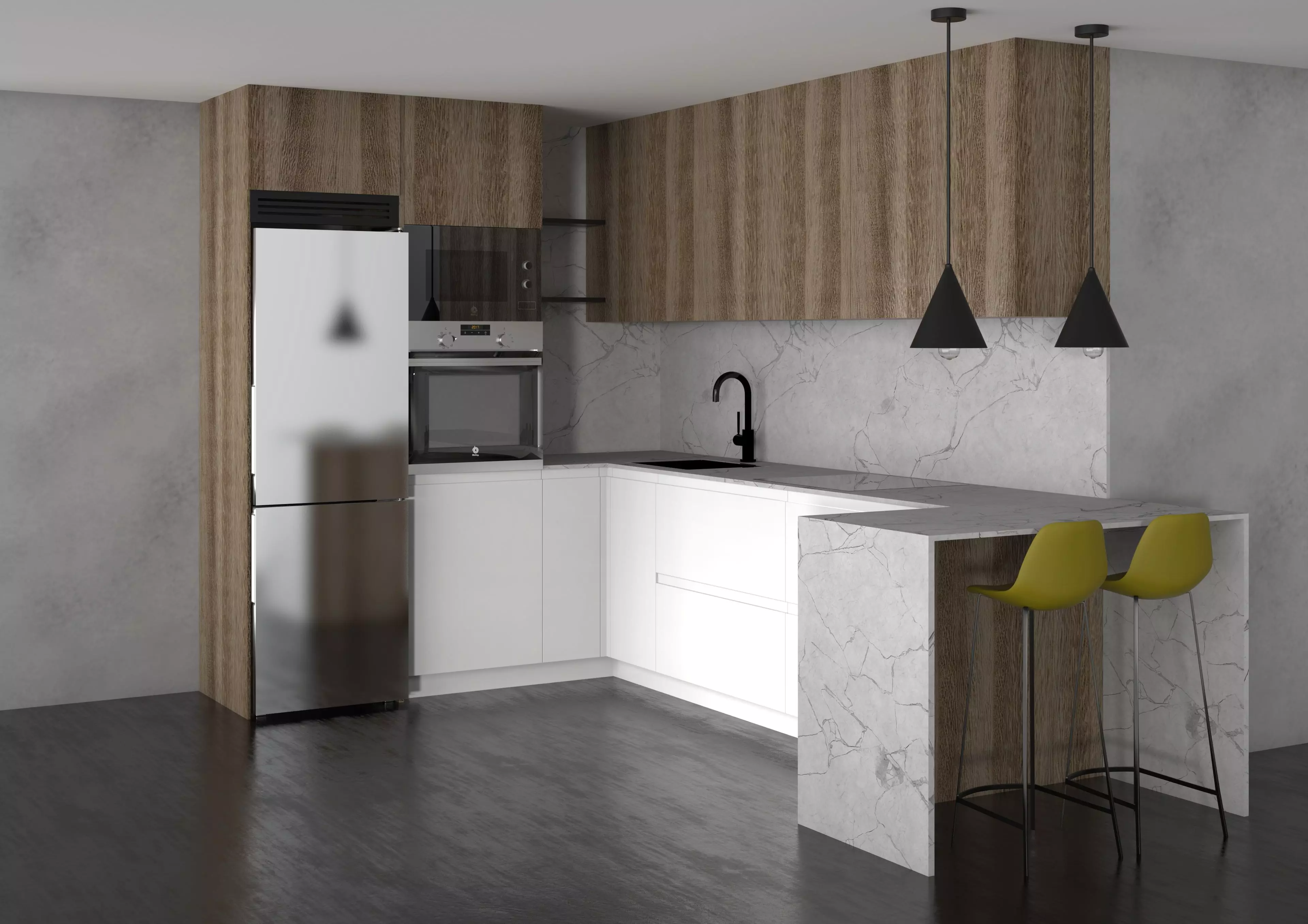 Kitchen modern with wooden cabinets 3D model_0