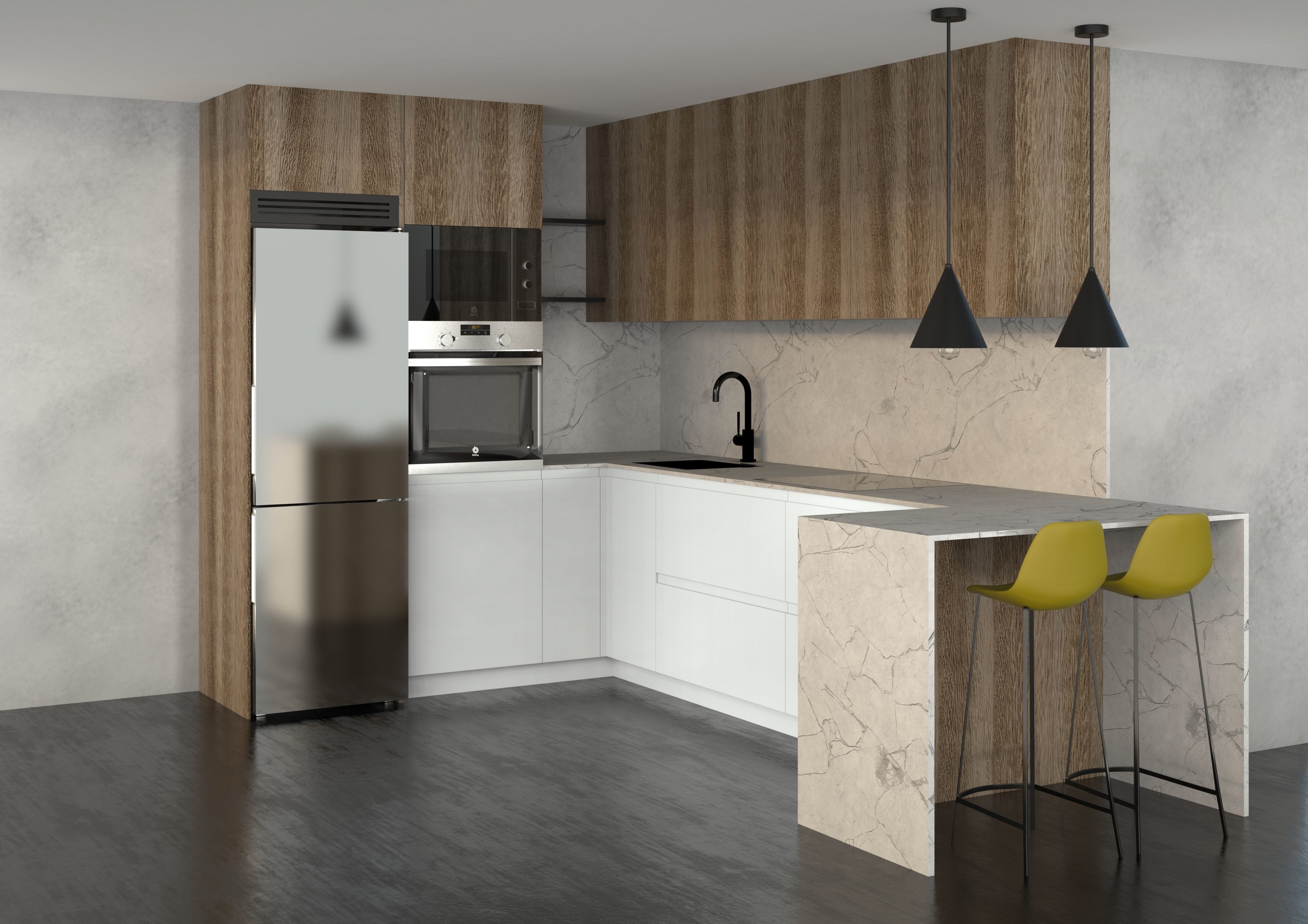 Kitchen modern with wooden cabinets 3D model_1